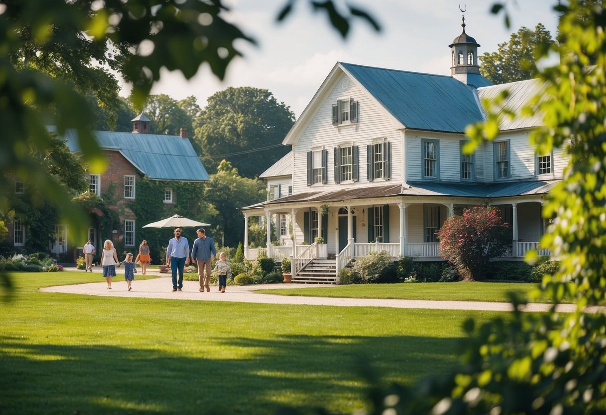A peaceful afternoon at Wheeler Historic Farm, with charming old buildings, lush greenery, and families enjoying leisurely strolls