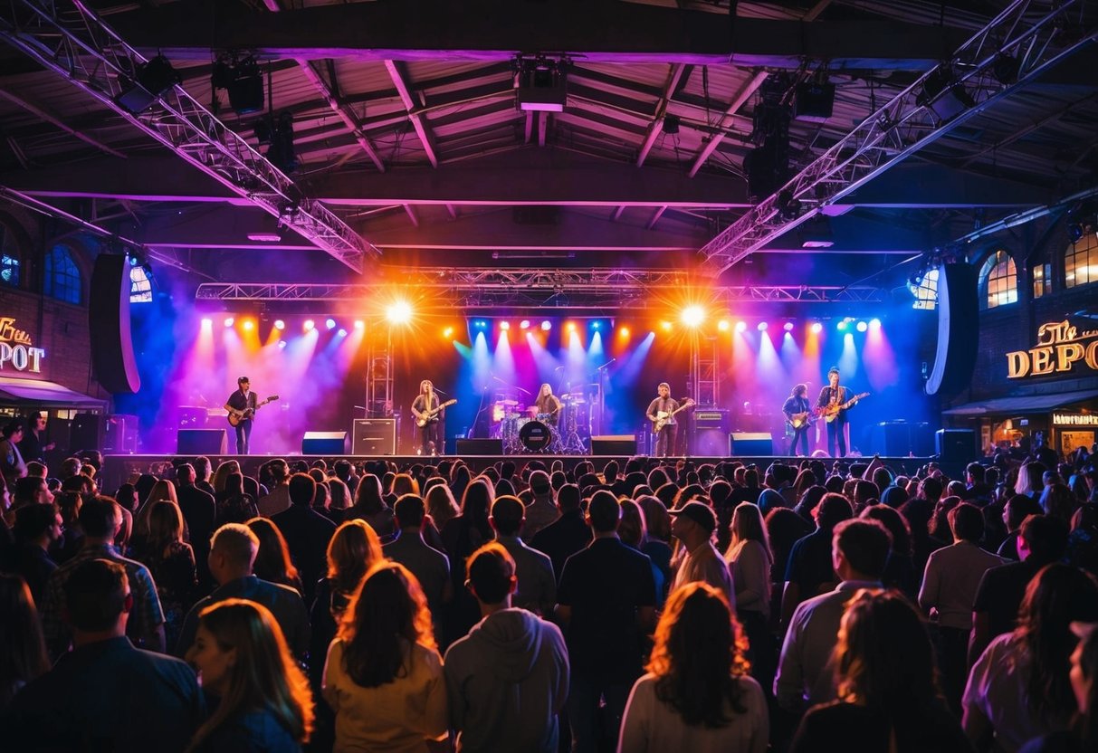 The stage at The Depot is bathed in colorful lights as the band performs, while the crowd dances and sways to the music
