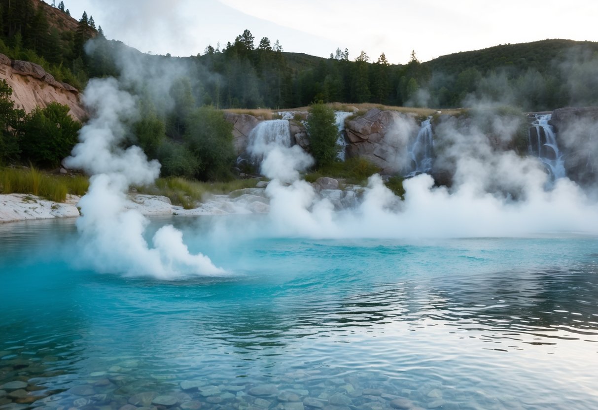 Steam rises from the natural hot springs, surrounded by rocky cliffs and lush greenery. The calm, clear water reflects the serene atmosphere at Crystal Hot Springs