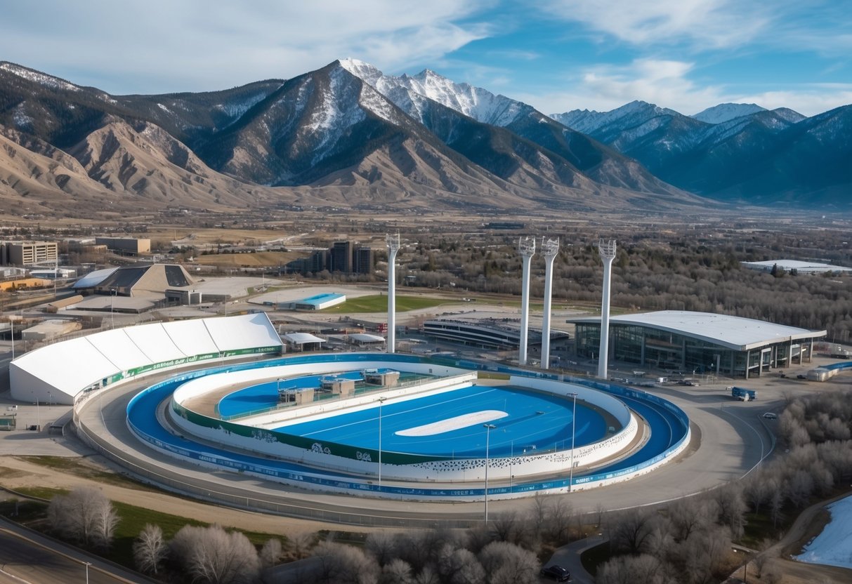 Aerial view of Utah Olympic Park with ski jumps, bobsled track, and surrounding mountains
