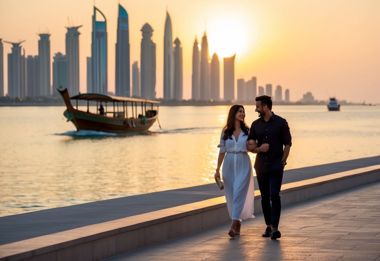 A couple strolling along the Corniche at sunset, with the Abu Dhabi skyline in the background and a traditional dhow boat sailing in the distance