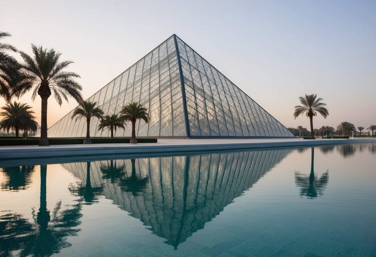 The Louvre Abu Dhabi's striking architecture reflects in the tranquil waters of the surrounding lagoon, with palm trees swaying in the gentle breeze
