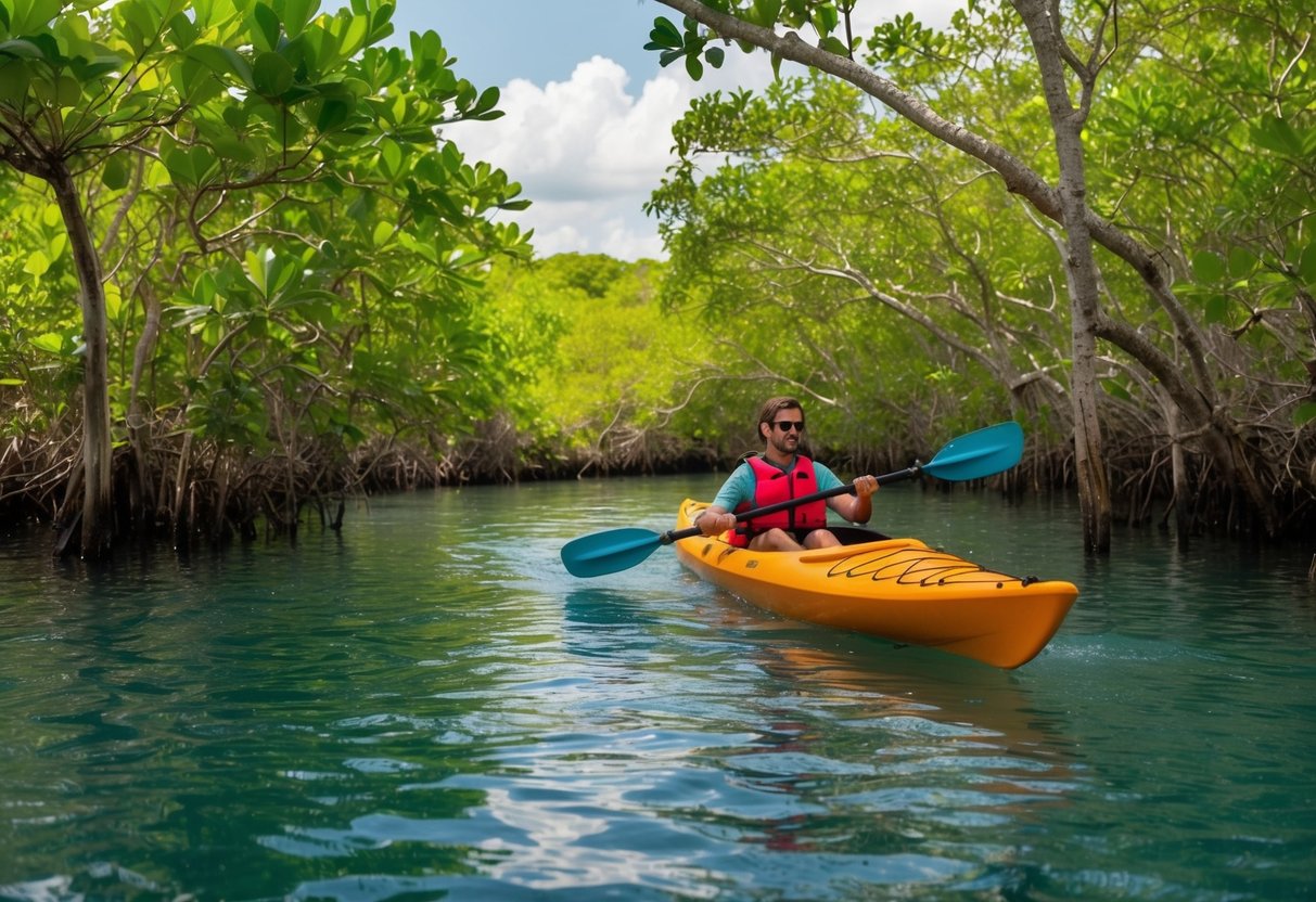 A kayak glides through the winding waterways of the Eastern Mangroves, surrounded by lush greenery and the tranquil beauty of nature