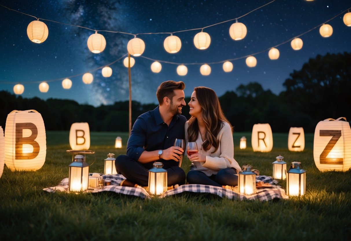 A couple picnicking under a starry sky, surrounded by glowing lanterns and a variety of alphabet-themed activities