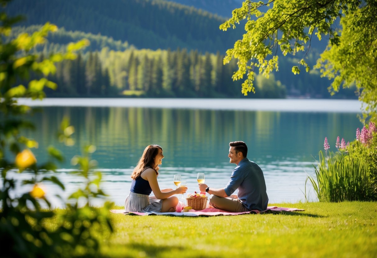 A couple picnicking by a tranquil lake in Abbotsford, surrounded by lush greenery and vibrant flowers