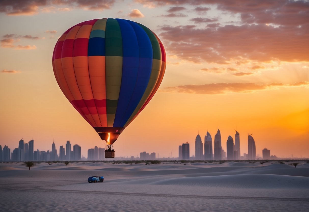 A colorful hot air balloon floats above the Abu Dhabi desert at sunset, with the city skyline in the background
