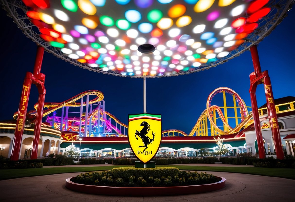 Ferrari World at night: colorful lights illuminate the iconic Ferrari logo, roller coasters, and architecture, creating a lively and vibrant atmosphere