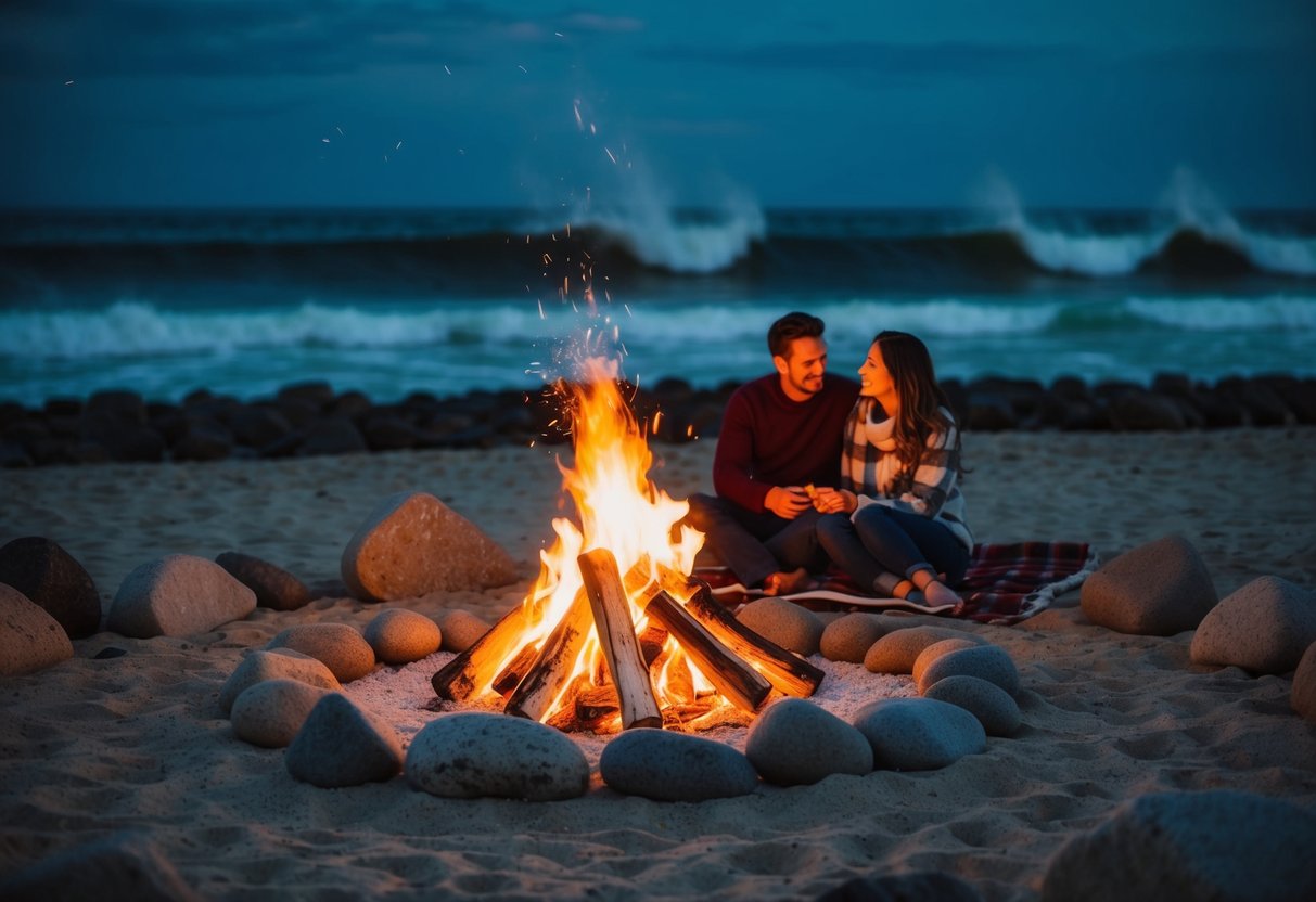 A beach bonfire illuminates the night, surrounded by a circle of rocks. Waves crash in the background as a couple sits on a blanket, enjoying the warmth and each other's company