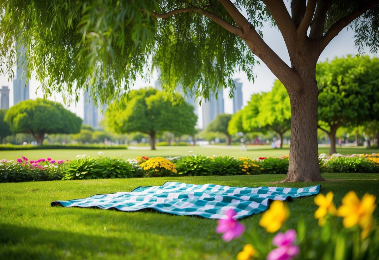 A picnic blanket spread under a shady tree, surrounded by lush greenery and colorful flowers at Umm Al Emarat Park in Abu Dhabi