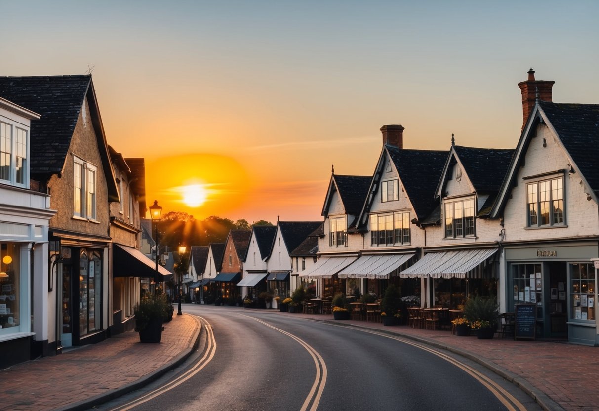 The sun sets over the historic Clayburn Village, casting a warm glow on the quaint streets lined with charming shops and cafes