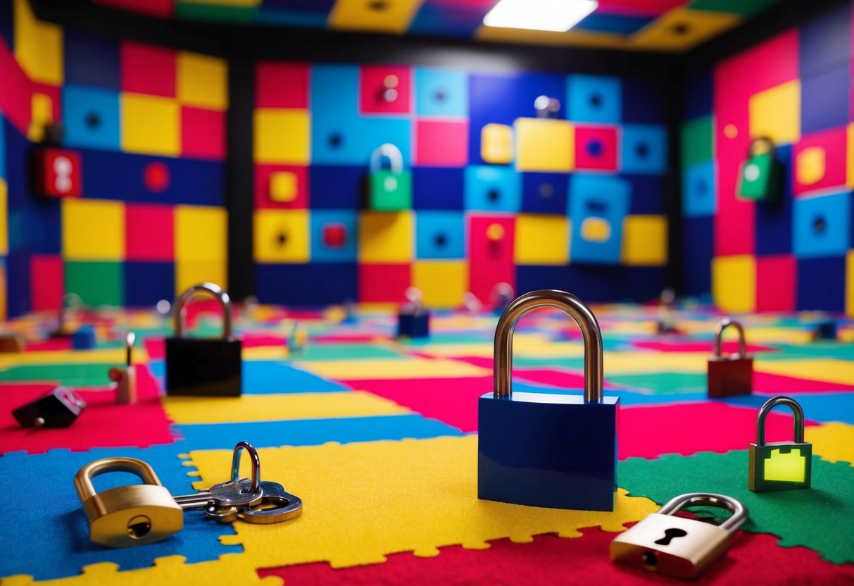 A bold, colorful room with various locks, puzzles, and clues scattered around, creating an intense and exciting atmosphere for an escape room challenge