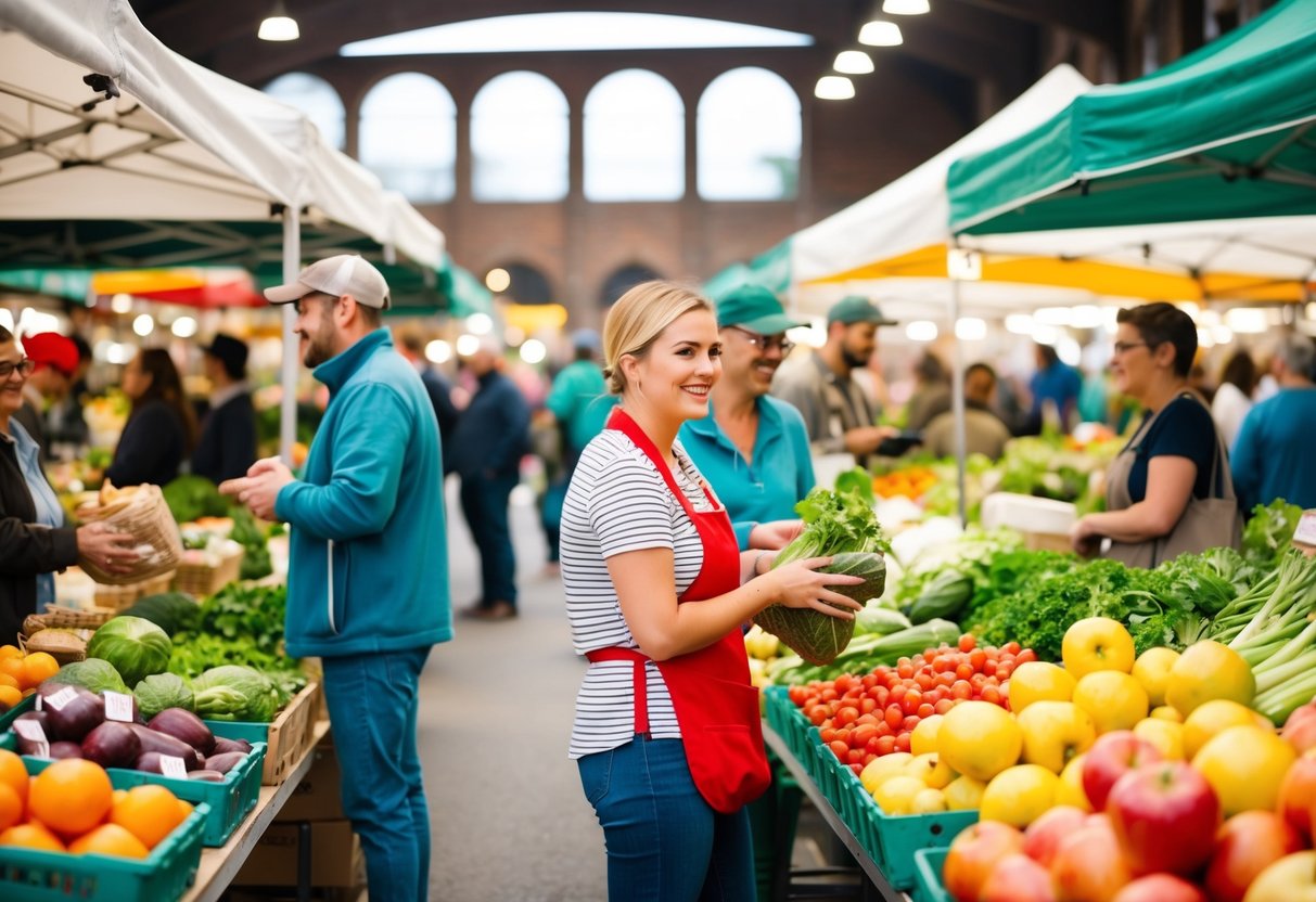 A bustling farmers' market with colorful produce, lively vendors, and happy shoppers browsing the stalls
