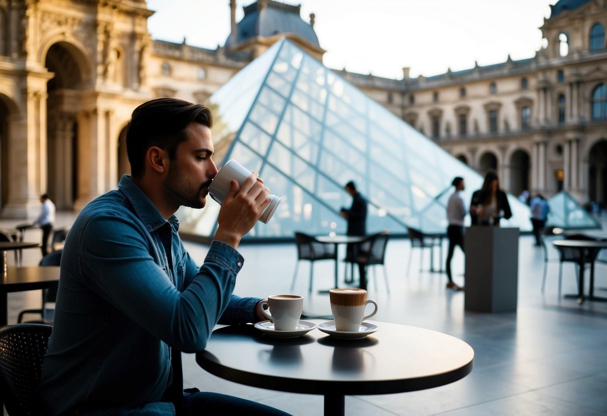 A person sips coffee at a table in Louvre Abu Dhabi Café, with the museum's iconic architecture visible in the background