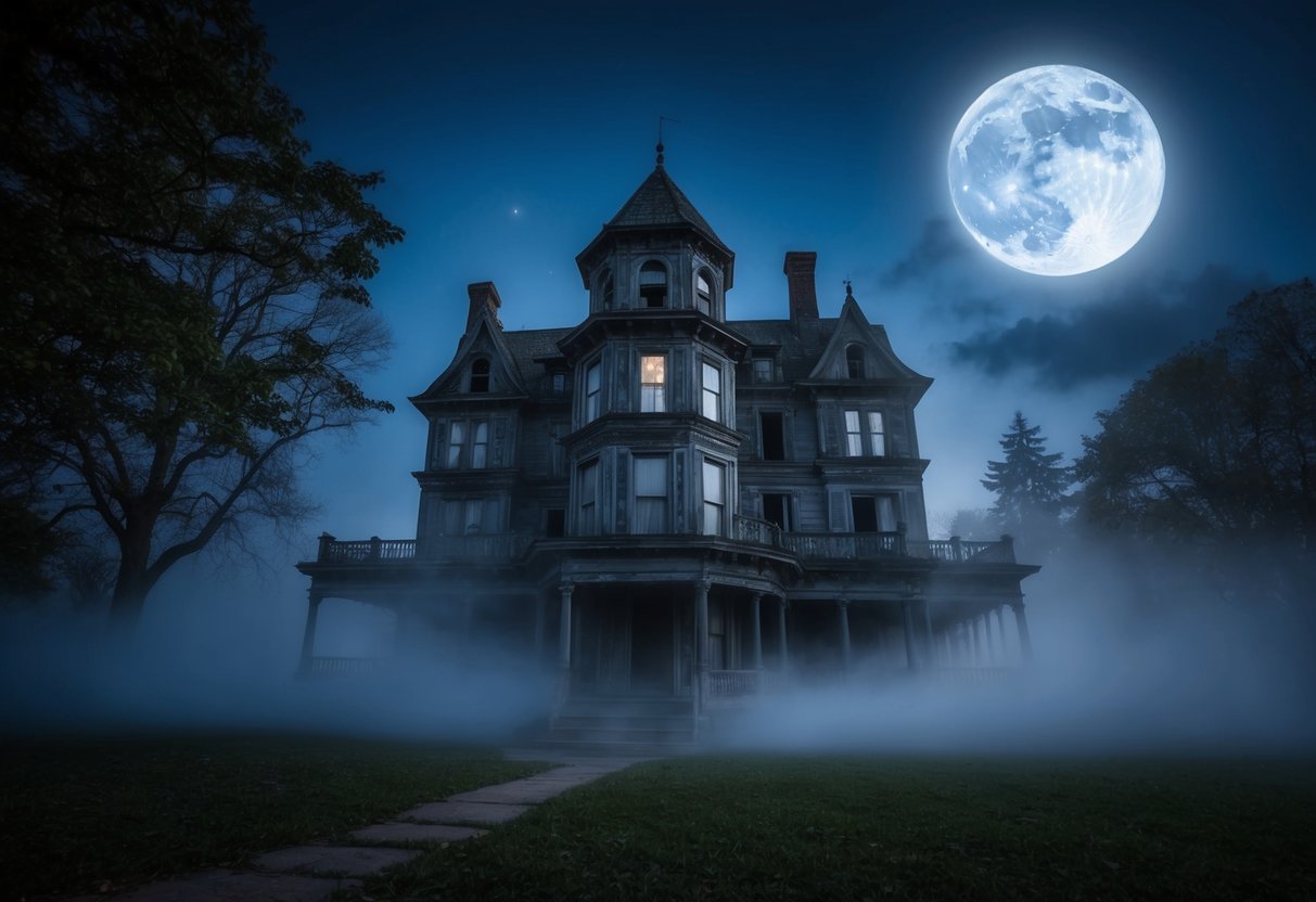 A haunted mansion at night, with fog swirling around the old, decrepit building, and a full moon casting an eerie glow on the scene
