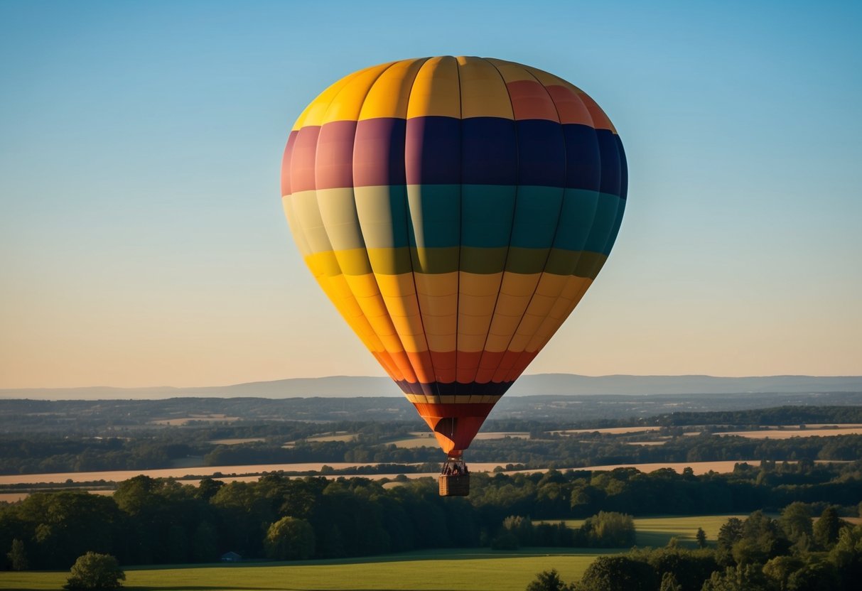 A colorful hot air balloon floats over the serene Abbotsford countryside on a sunny day