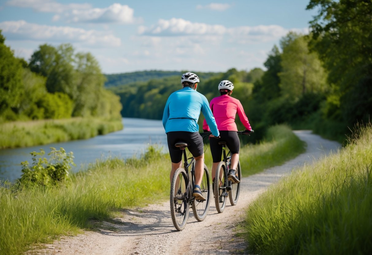 A couple bikes along Discovery Trail, passing by lush greenery and a serene river