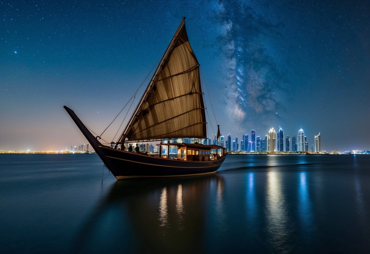 A dhow sailing on calm waters under the starry night sky, with the city skyline of Abu Dhabi in the background