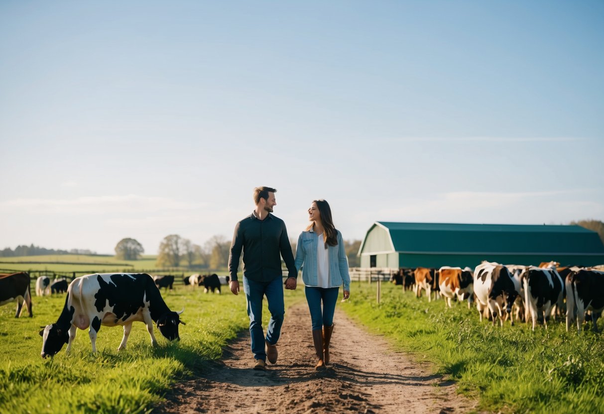 A couple strolling through a picturesque EcoDairy farm, surrounded by green fields and grazing animals under a clear blue sky