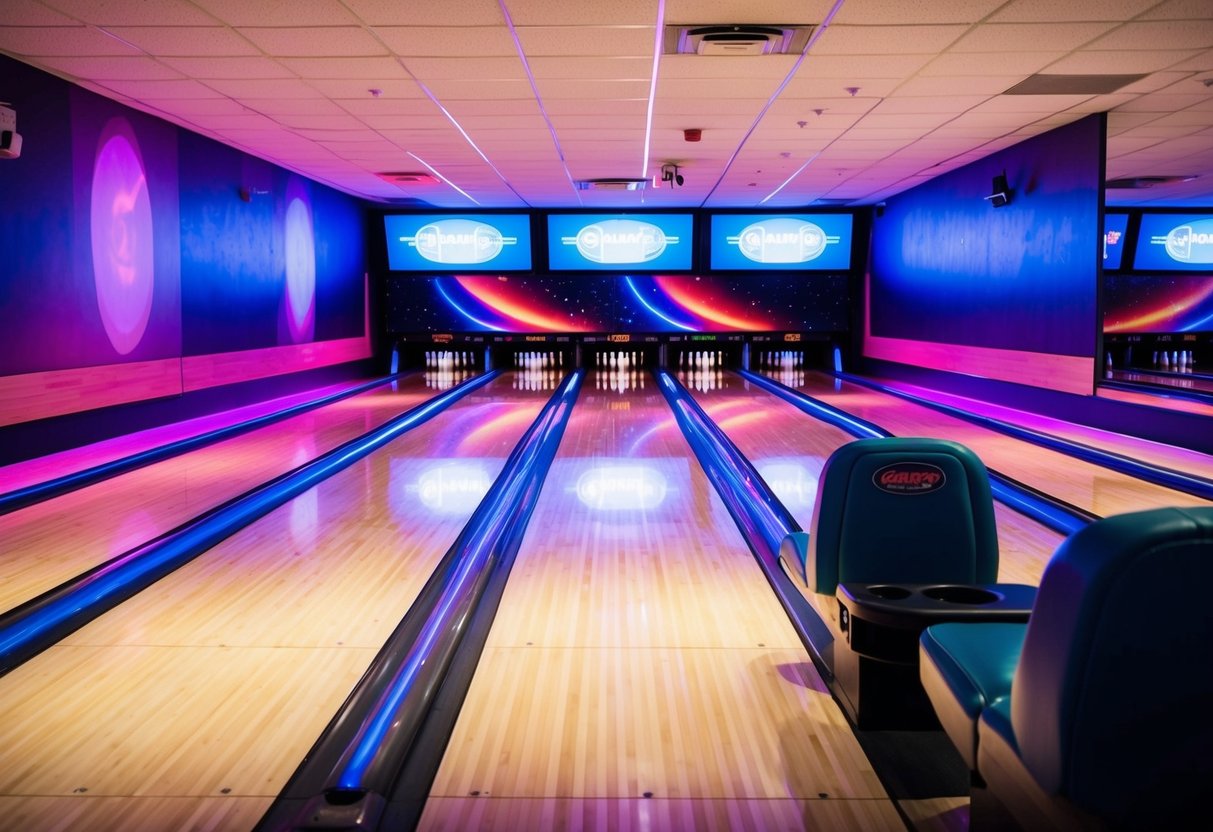 A colorful bowling alley with neon lights, polished lanes, and glowing pins awaits a fun date at Galaxy Bowl in Abbotsford