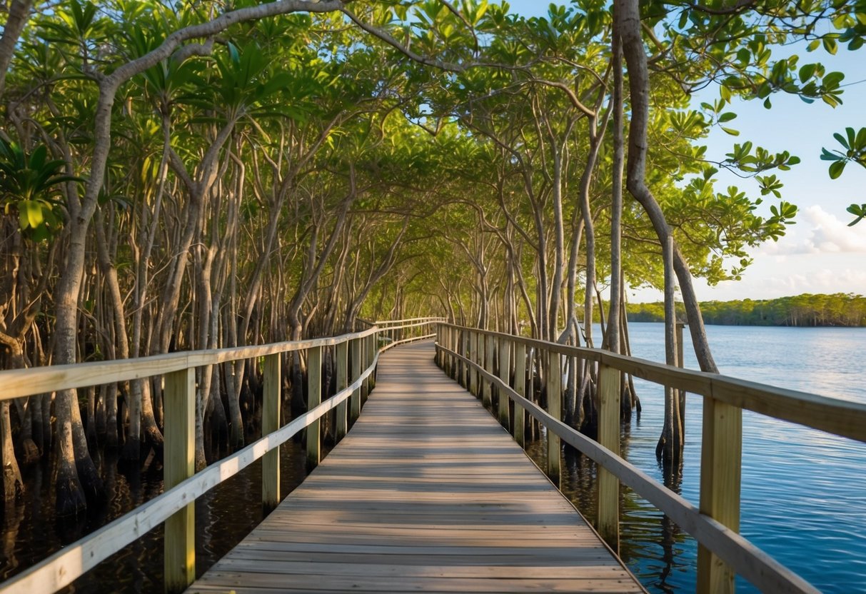 A winding boardwalk through lush mangroves with glimpses of wildlife and serene waterways