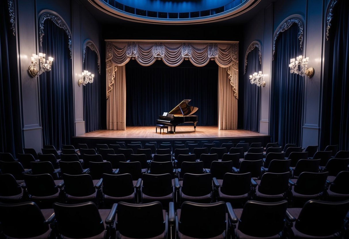 A dimly lit stage with ornate curtains, rows of empty seats, and a grand piano in the center