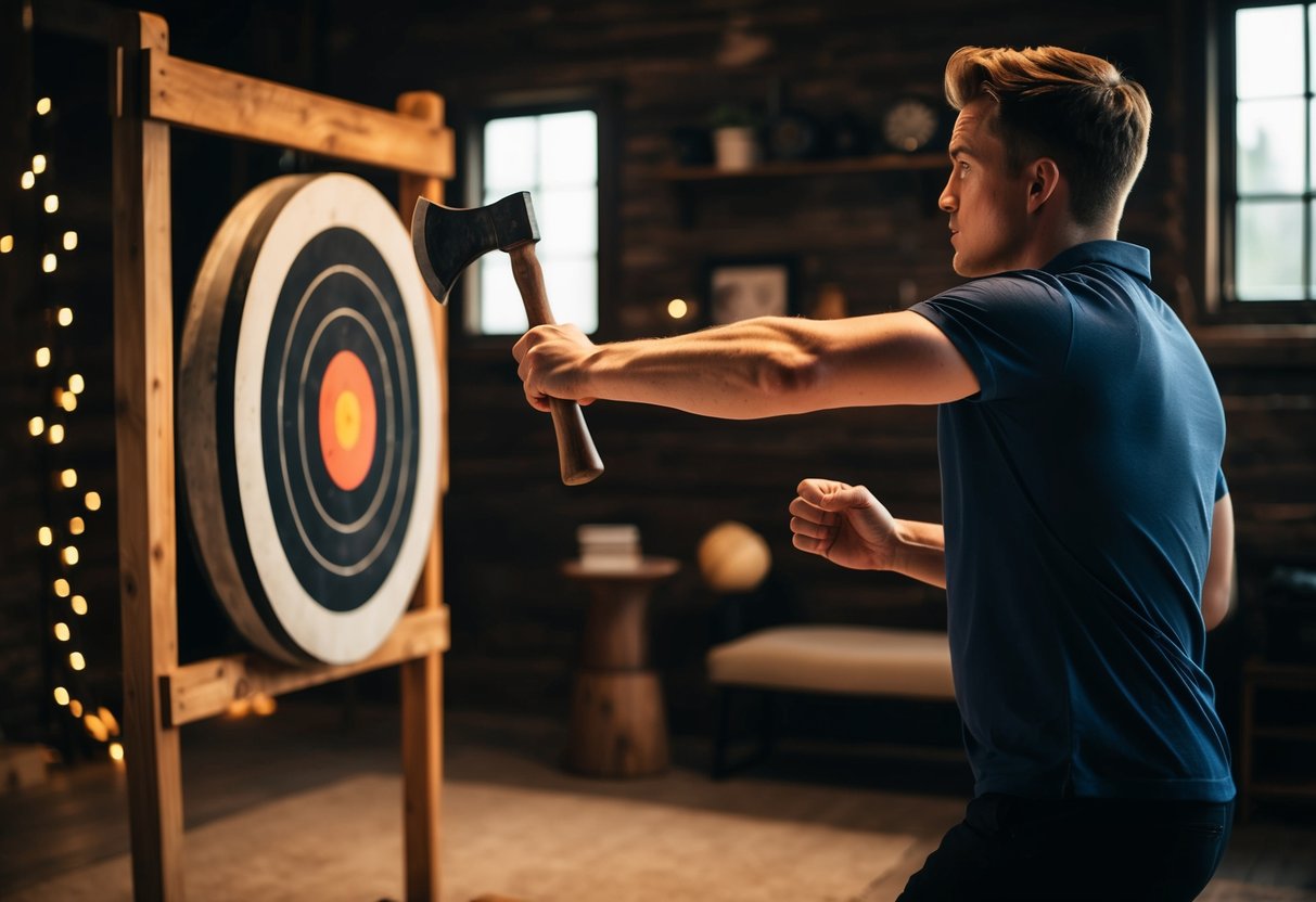 A person throws an axe at a target in a rustic indoor setting with dim lighting and wooden decor