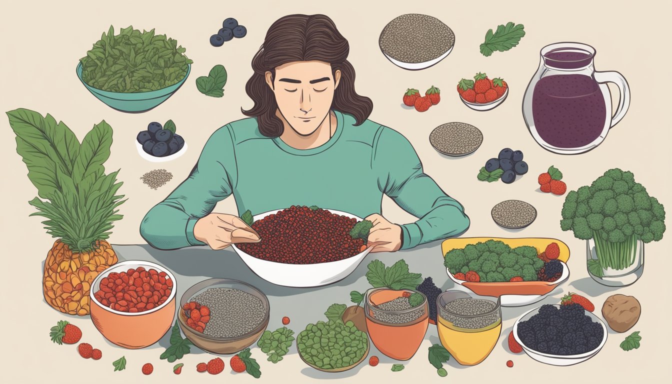 A bowl of goji berries surrounded by various other superfoods, such as kale, chia seeds, and acai berries, with a disappointed expression on a person's face as they read an article about the supposed benefits of goji berries