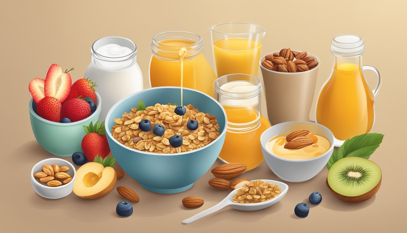 A bowl of granola with a drizzle of honey, surrounded by various "healthy" breakfast foods, such as yogurt, fruit, and nuts