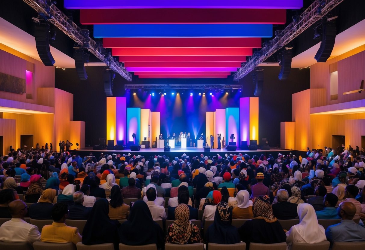 A colorful stage with vibrant lights and a diverse audience at the Cultural Foundation in Abu Dhabi