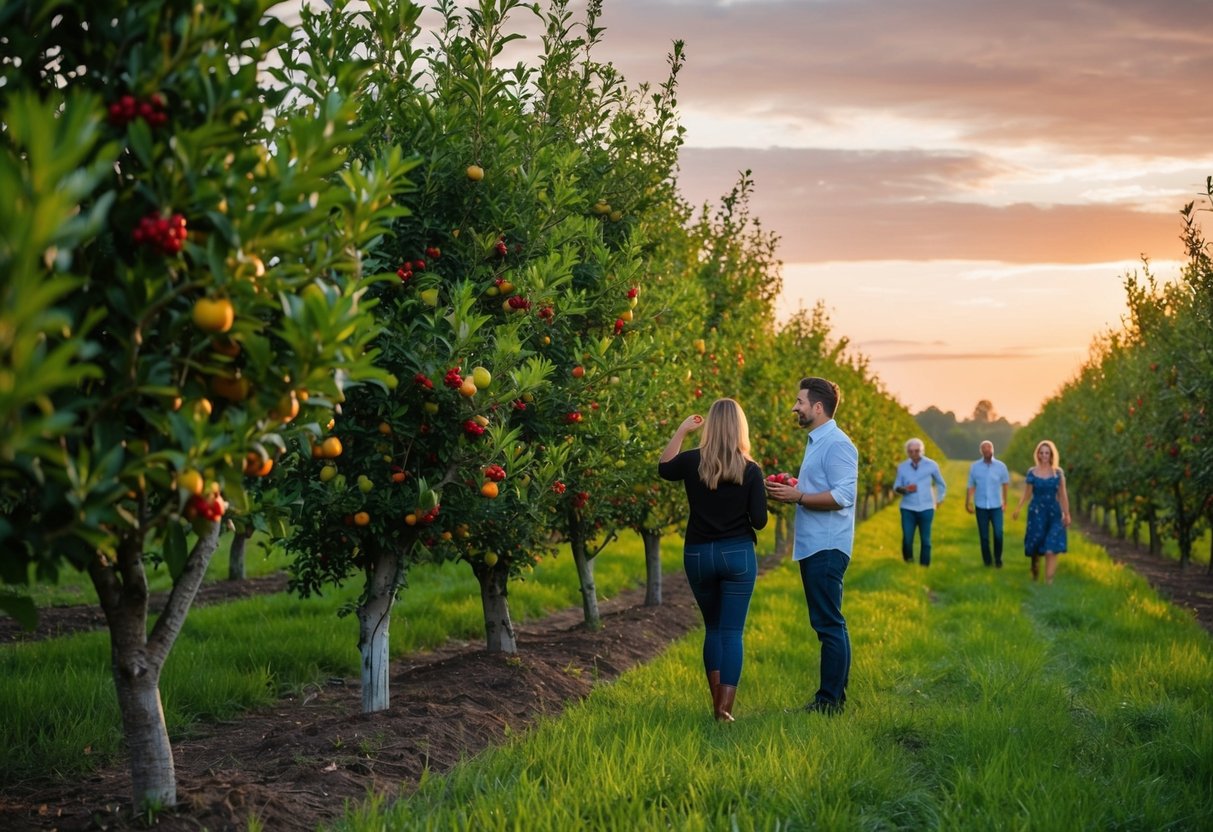 Sunset at Maan Farms: lush green orchards with rows of fruit trees, a couple picking ripe berries, while others stroll through the fields