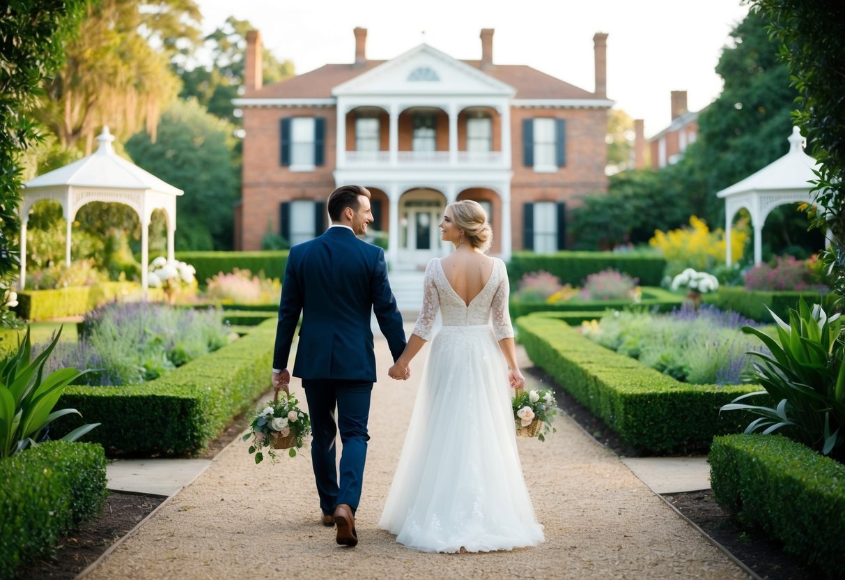 A couple walks through the historic Trethewey House Heritage Site, surrounded by lush gardens and Victorian architecture