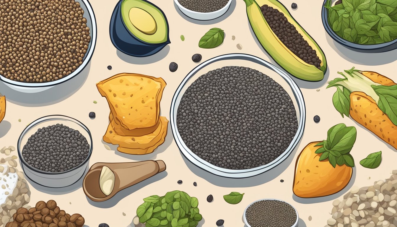 A collection of chia seeds surrounded by various other foods, with a disappointed expression on their faces