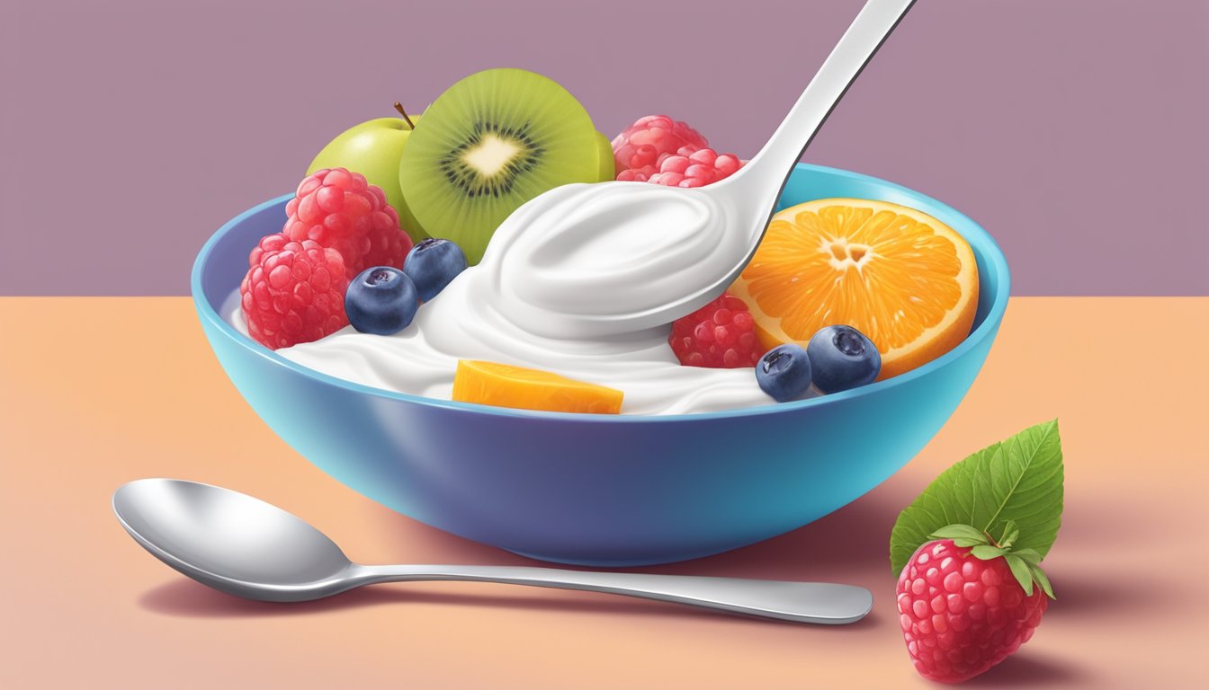 A spoon scoops into a container of yogurt, revealing a vibrant layer of fruit at the bottom. The label touts it as a healthy breakfast option, but the high sugar content tells a different story