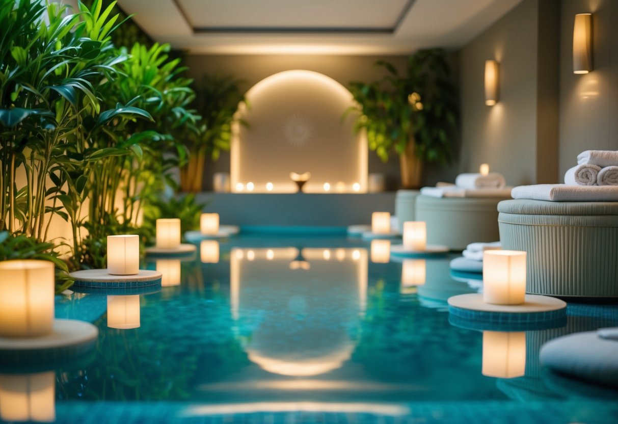 A tranquil spa with elegant decor, soft lighting, and serene water features, surrounded by lush greenery and soothing aromas