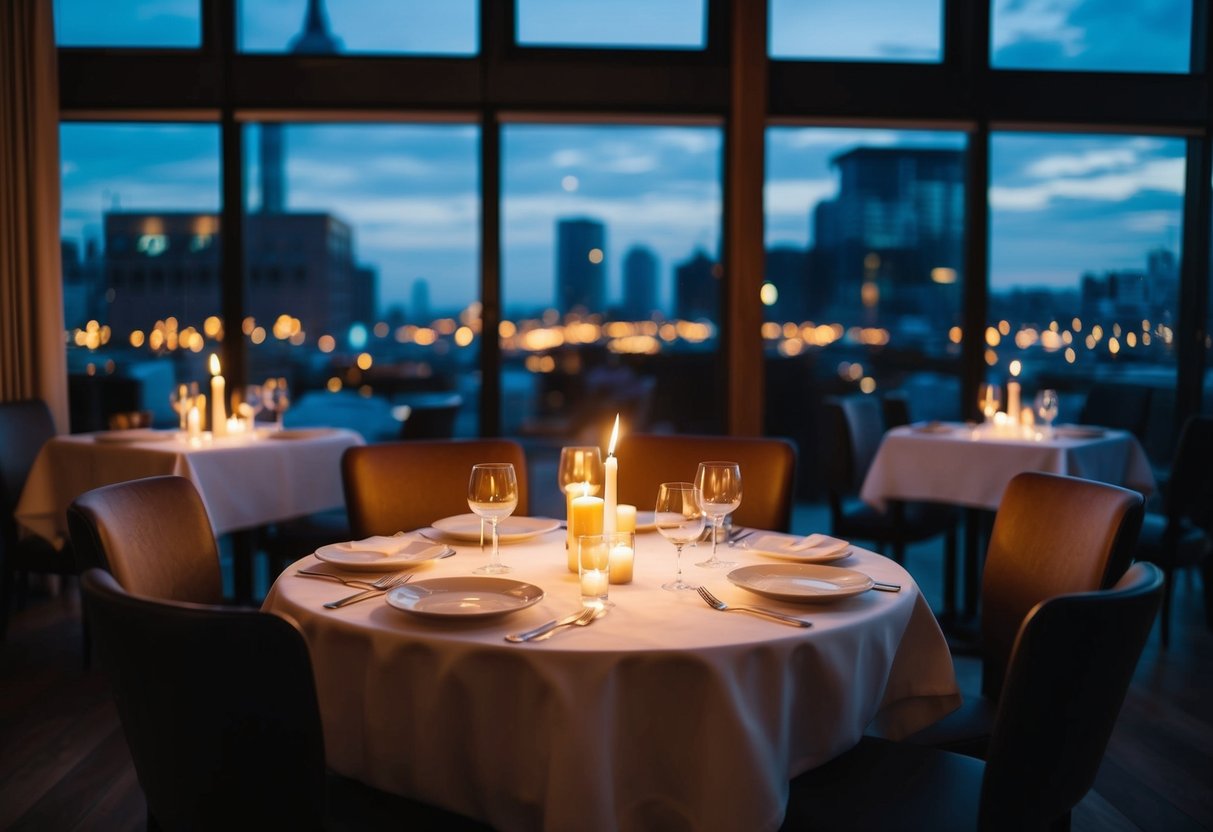 A cozy restaurant with dim lighting, white tablecloths, and flickering candles. A view of the city through large windows