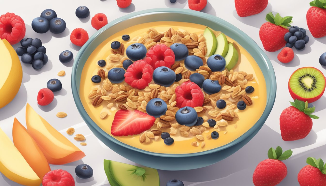 A table with colorful pre-packaged smoothie bowls surrounded by fresh fruit and granola