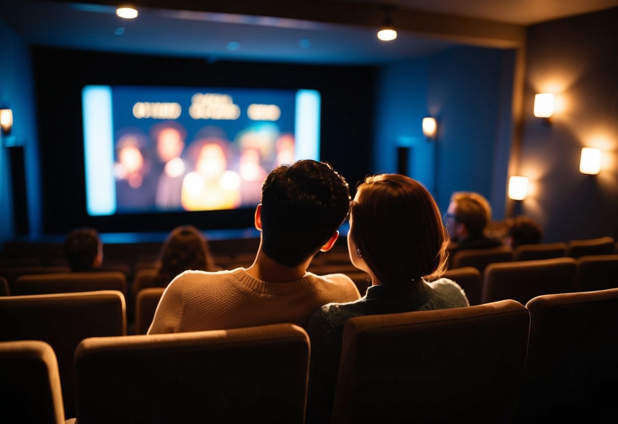 A couple sits in a dimly lit theater, engrossed in a film playing on the screen. The ambiance is cozy and intimate, with the glow of the movie illuminating their faces