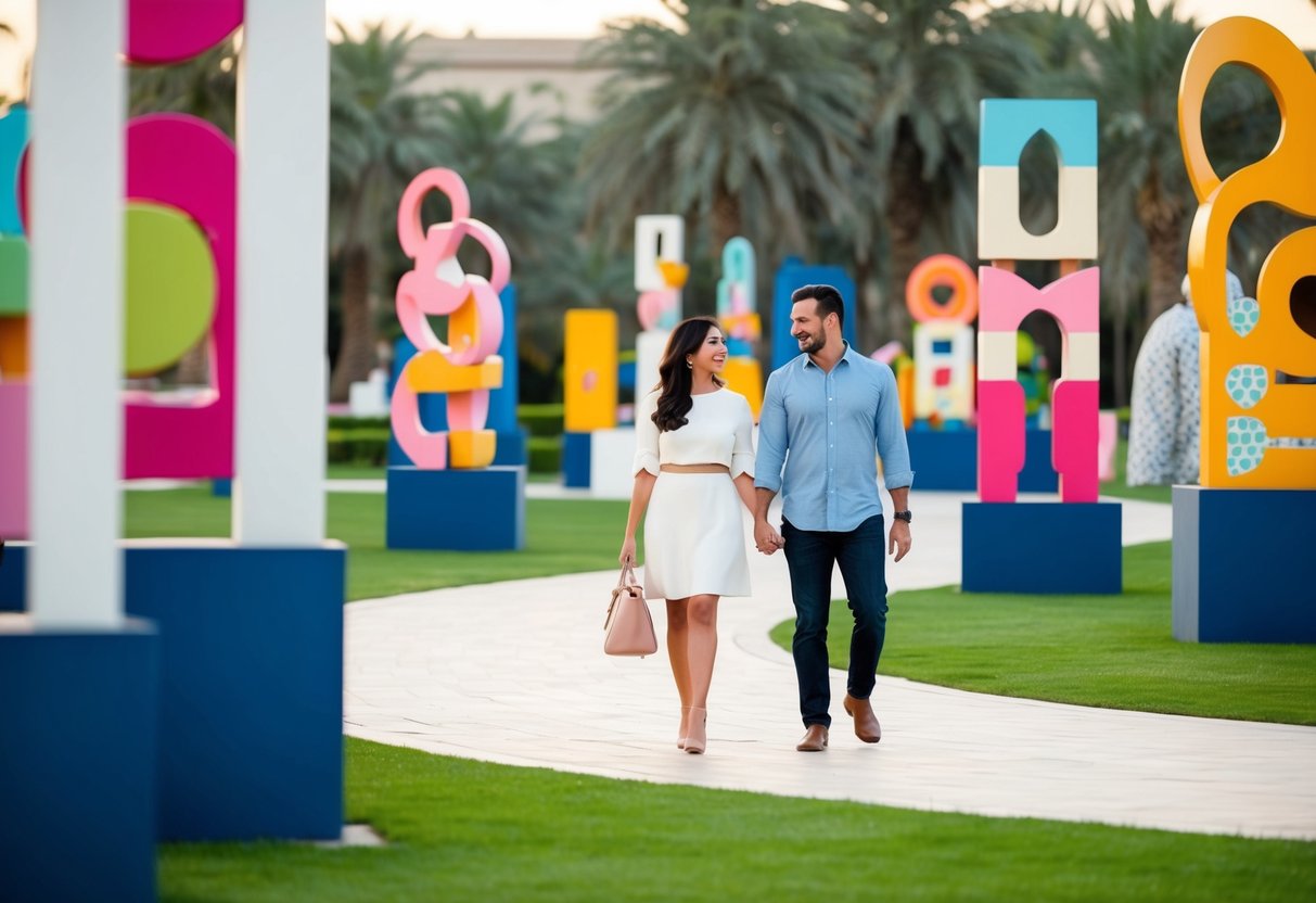 A couple strolls through the outdoor art installations at Manarat Al Saadiyat, surrounded by sculptures and colorful displays