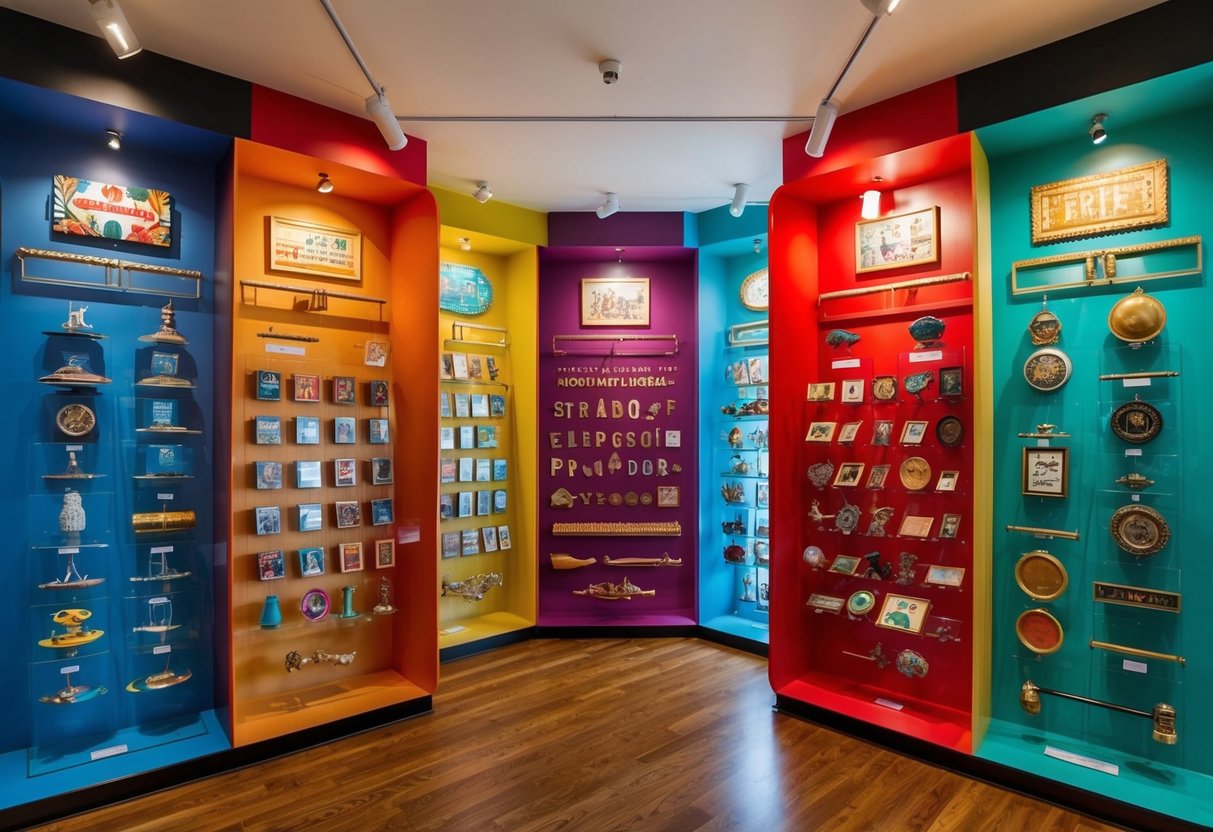 A colorful museum display featuring quirky artifacts arranged in alphabetical order