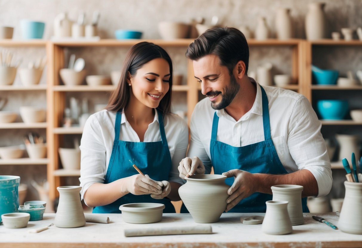 A couple sculpting pottery together at Clay Cottage studio, surrounded by shelves of colorful clay and pottery tools