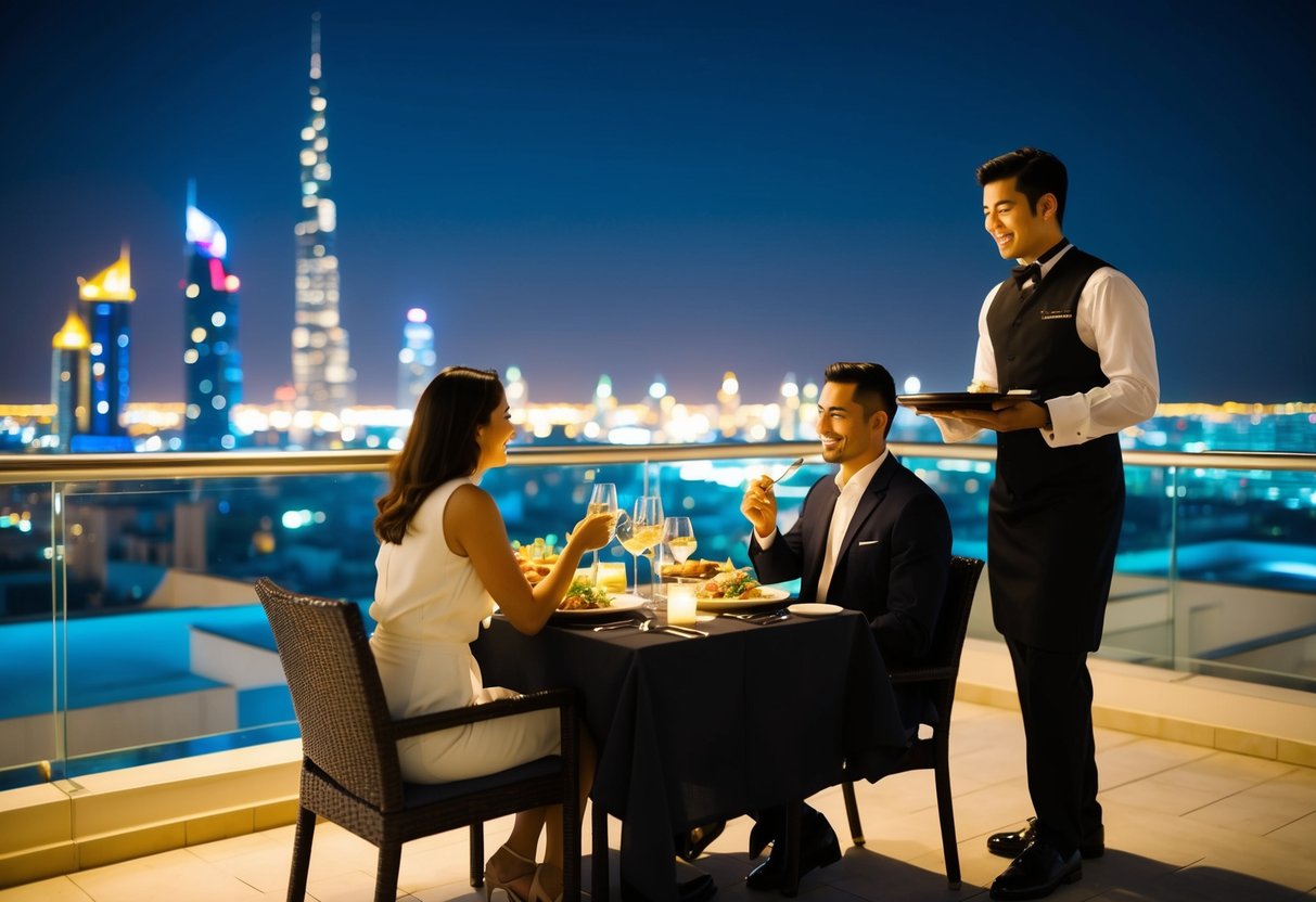 A couple dines on a rooftop terrace with city lights twinkling in the background, while a waiter serves them a delicious meal at Ray's Grill in Abu Dhabi
