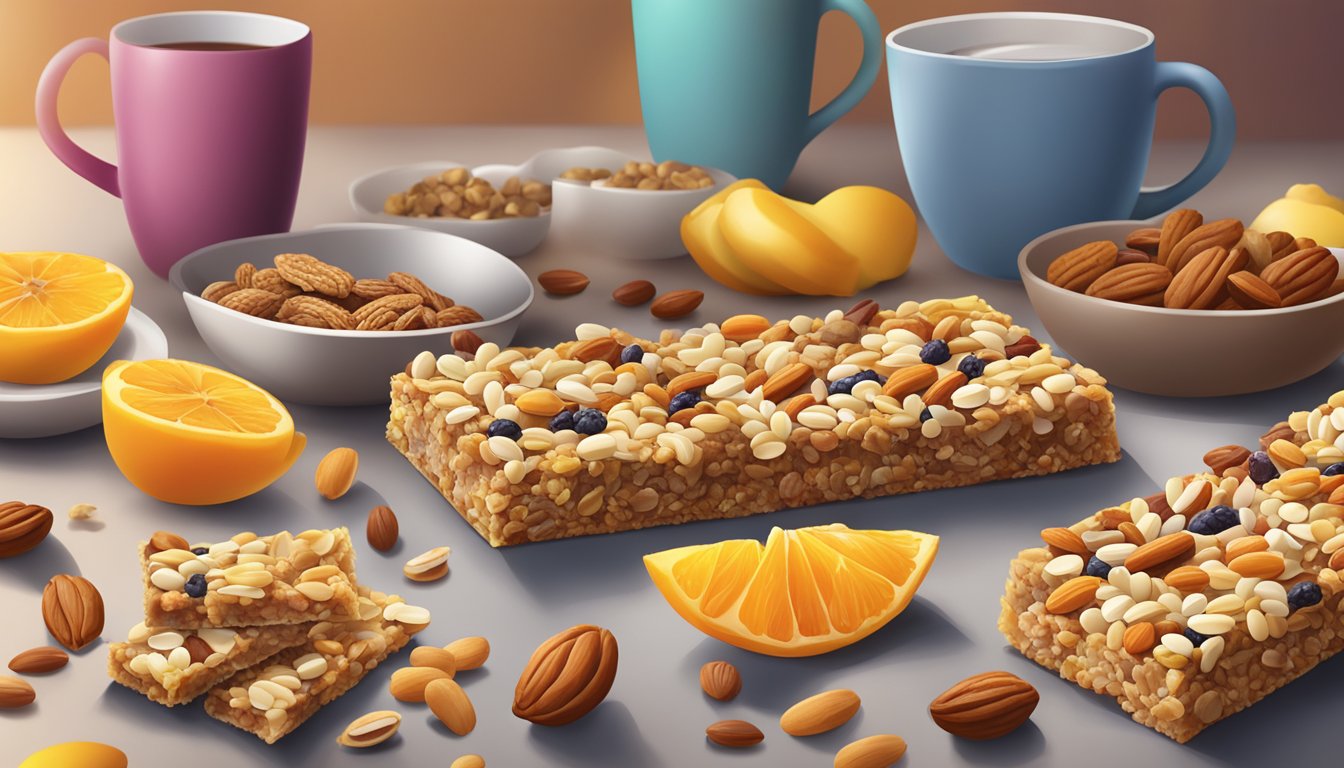 A colorful array of breakfast bars scattered on a table, with a variety of dried fruits and nuts spilling out from the packaging