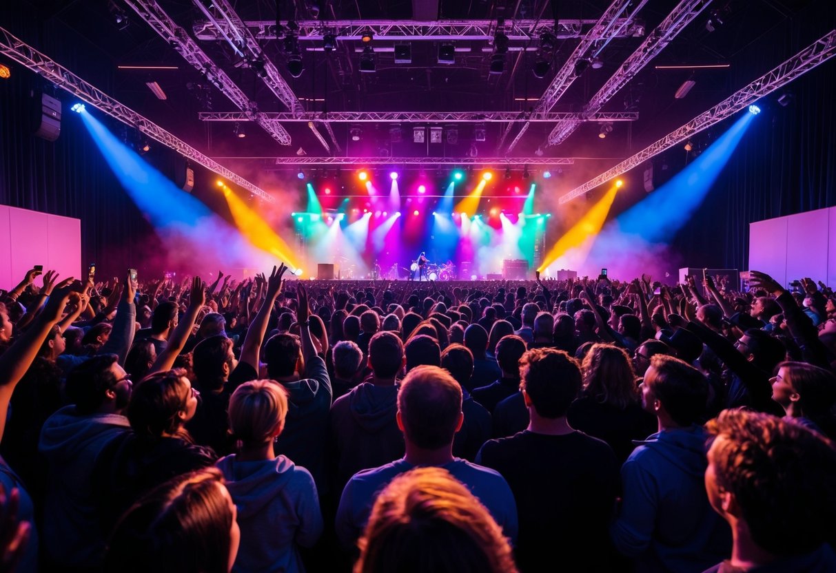 Crowd cheering as colorful lights illuminate the stage at Abbotsford Centre during a concert