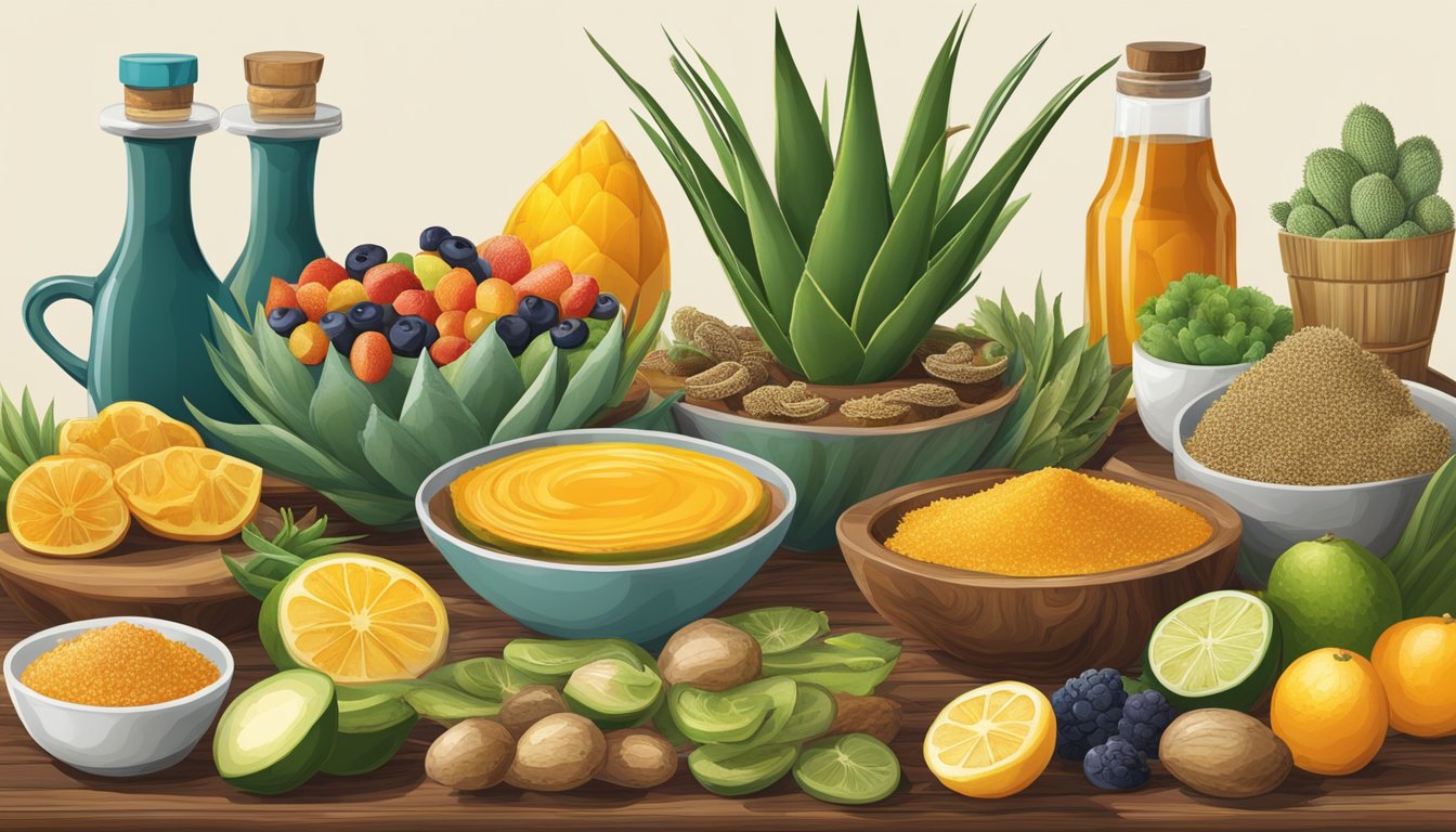 A table with various superfood items, including agave nectar, arranged in a visually appealing manner