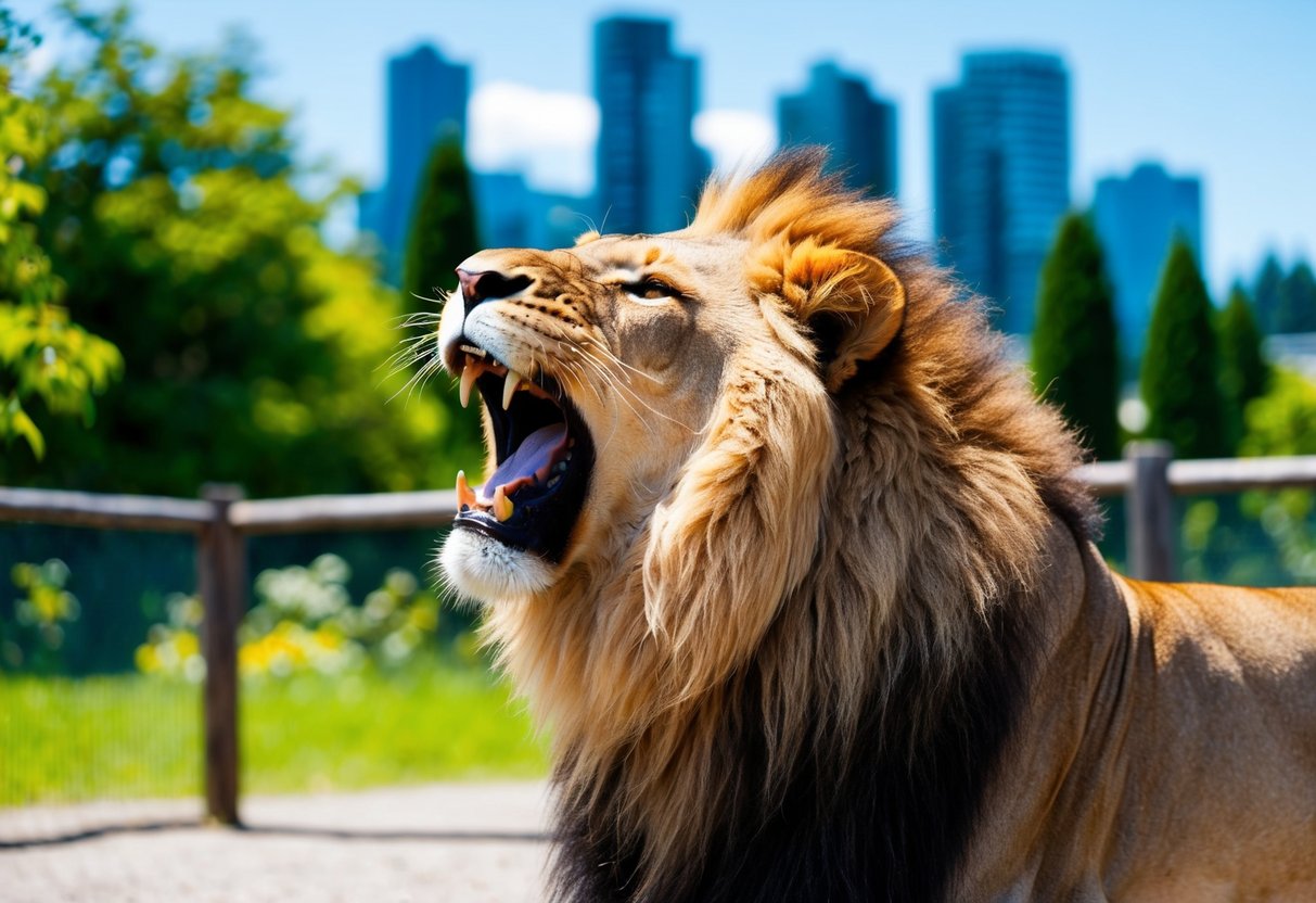 A lion roars in its enclosure at the Greater Vancouver Zoo, surrounded by lush greenery and a clear blue sky