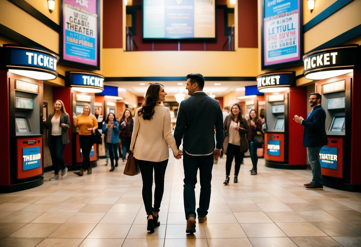 A bustling theater lobby with colorful posters and ticket booths. A couple strolls hand in hand, surrounded by excited theatergoers