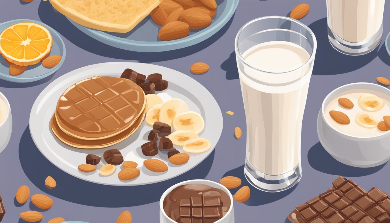 A glass of sweetened almond milk with cocoa surrounded by various breakfast items, including a bowl of sugary cereal, a stack of pancakes with syrup, and a plate of fruit-flavored yogurt