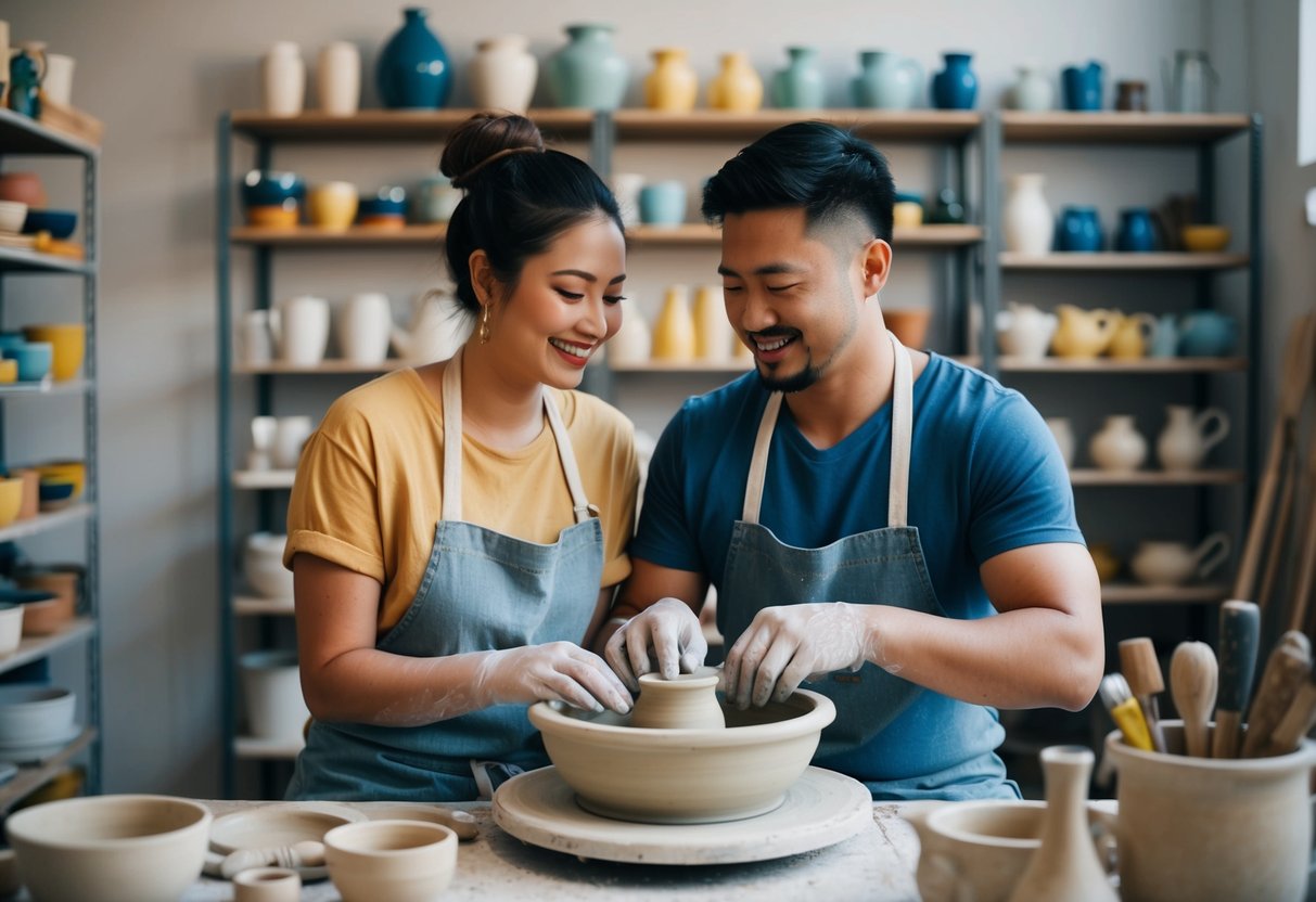 A couple sits at a pottery wheel, molding clay together in a cozy studio filled with shelves of colorful ceramics and tools