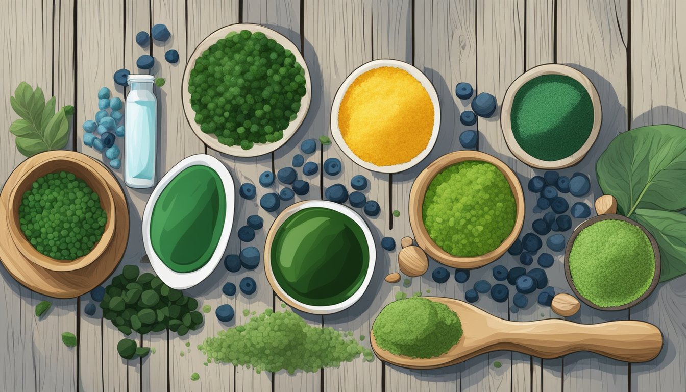 A colorful array of spirulina, chlorella, and other superfoods arranged on a rustic wooden table, with vibrant green and blue hues