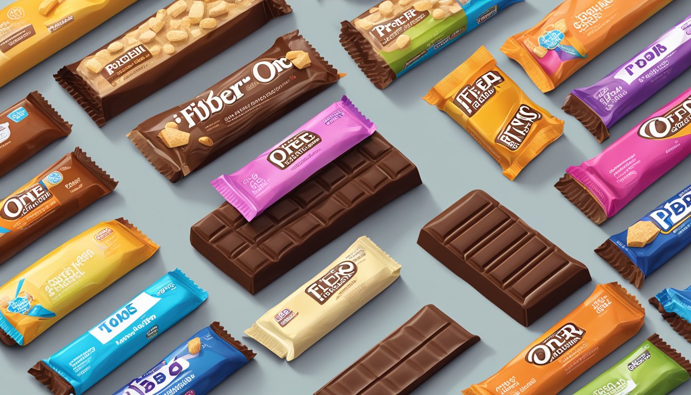 A Fiber One Protein Bar surrounded by other protein bars and a candy bar, with a clear size comparison